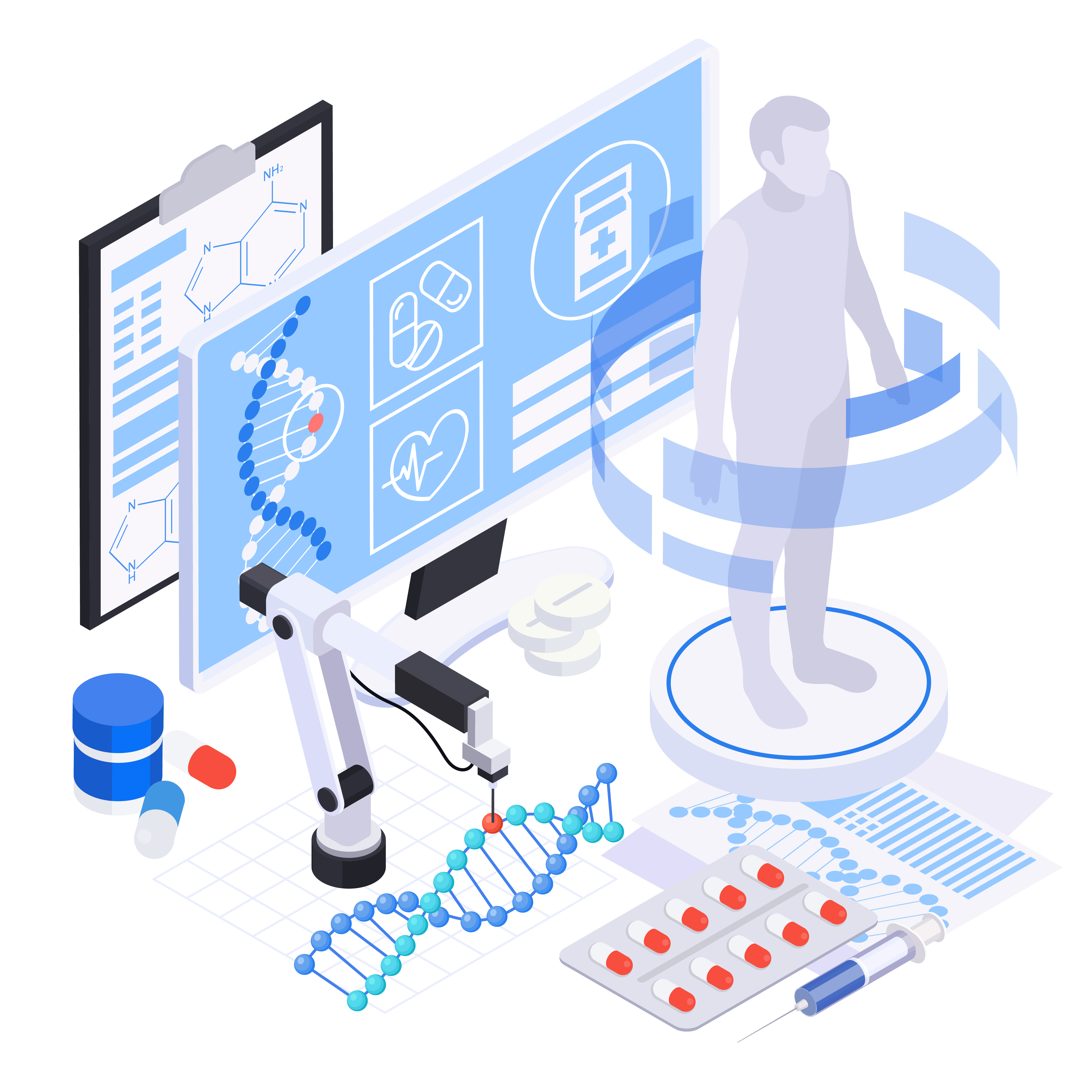 Ilustrasi teknologi medis dengan layar digital, model tubuh, struktur DNA, obat, dan alat suntik