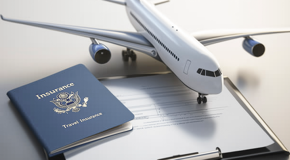 Passport, travel insurance document, and airplane model representing travel planning for Korea plastic surgery for foreigners