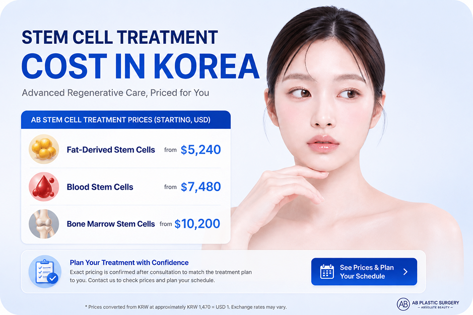 Stem Cell Treatment Cost in Korea at AB Plastic Surgery Korea Showing Starting Prices for Fat-Derived, Blood, and Bone Marrow Stem Cell Treatments
