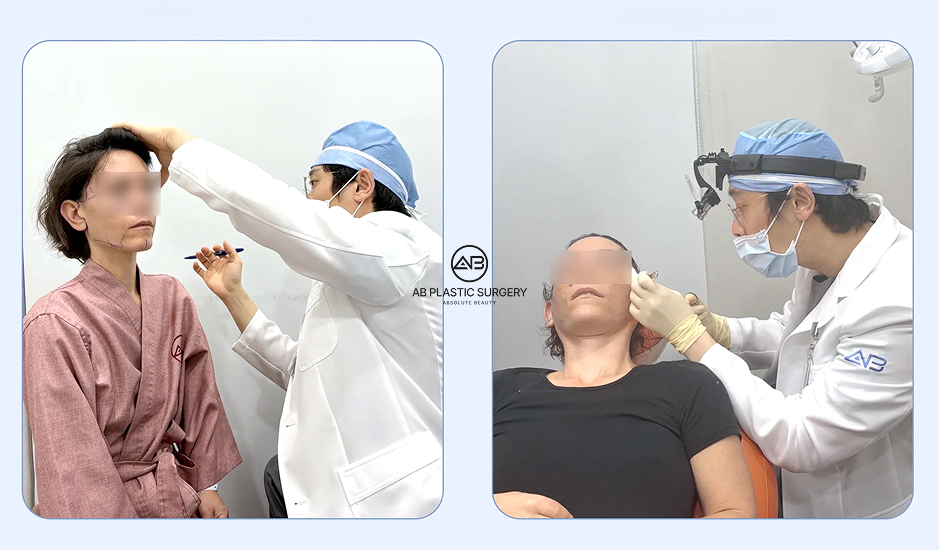 AB Plastic Surgery Korea surgeon examining an international patient's eyelids and brow position during consultation