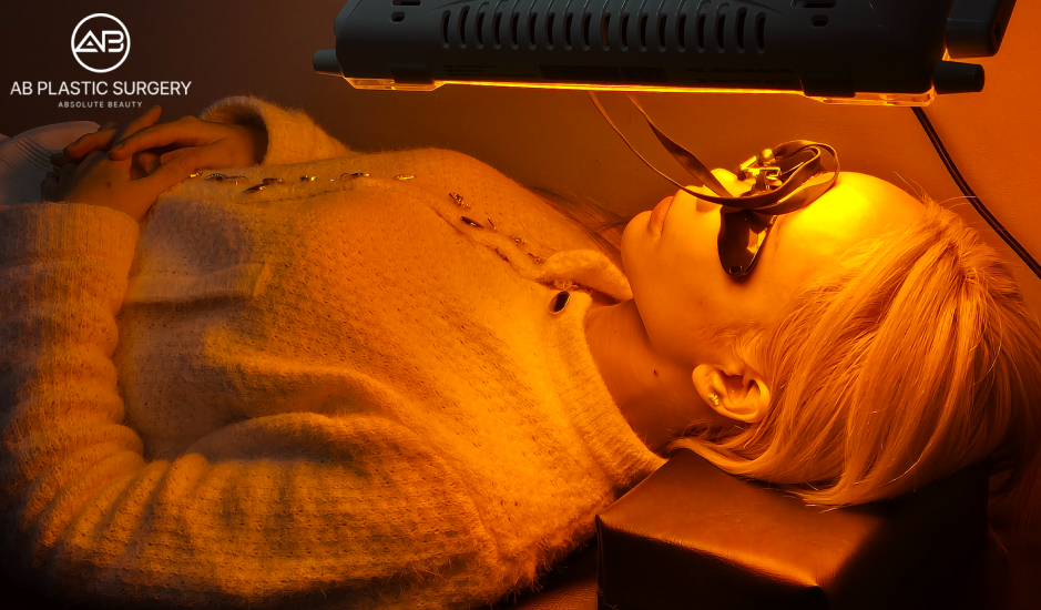 Patient wearing protective eyewear during postoperative light therapy for facial contouring care at AB Plastic Surgery Korea
