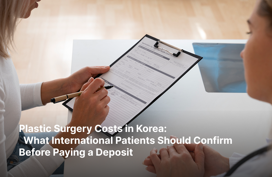 A seated person holds a pen over a form on a black clipboard while a clinician in a white coat sits across the table. The overlaid title reads: Plastic Surgery Costs in Korea: What International Patients Should Confirm Before Paying a Deposit.