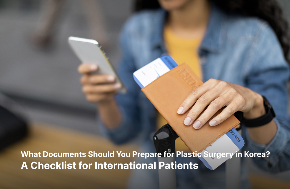 A cropped photograph of a woman holding a smartphone in one hand and a passport with boarding passes in the other. Bold white text reads: What Documents Should You Prepare for Plastic Surgery in Korea? A Checklist for International Patients.