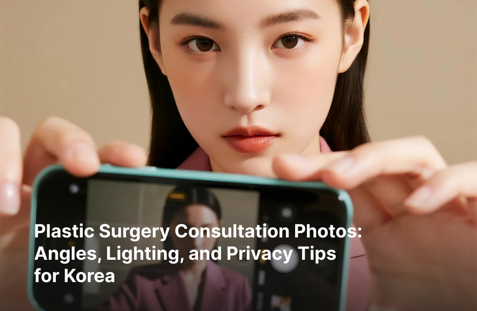 An AI-generated image of a woman holding a smartphone horizontally, with a title about consultation photo angles, lighting, and privacy for Korea