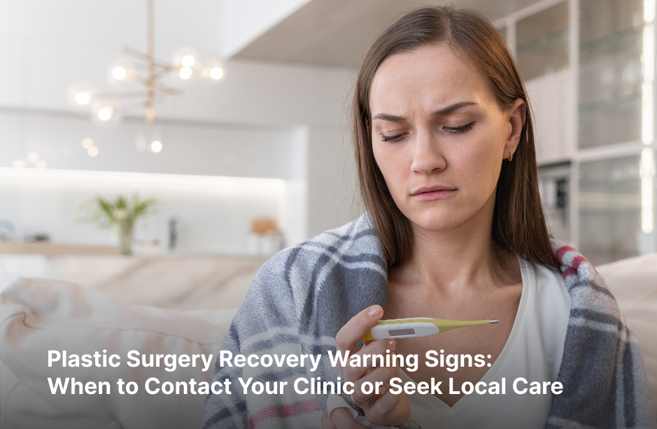 A woman wrapped in a patterned blanket sits on a sofa and looks down at a digital thermometer. White text reads: Plastic Surgery Recovery Warning Signs: When to Contact Your Clinic or Seek Local Care.