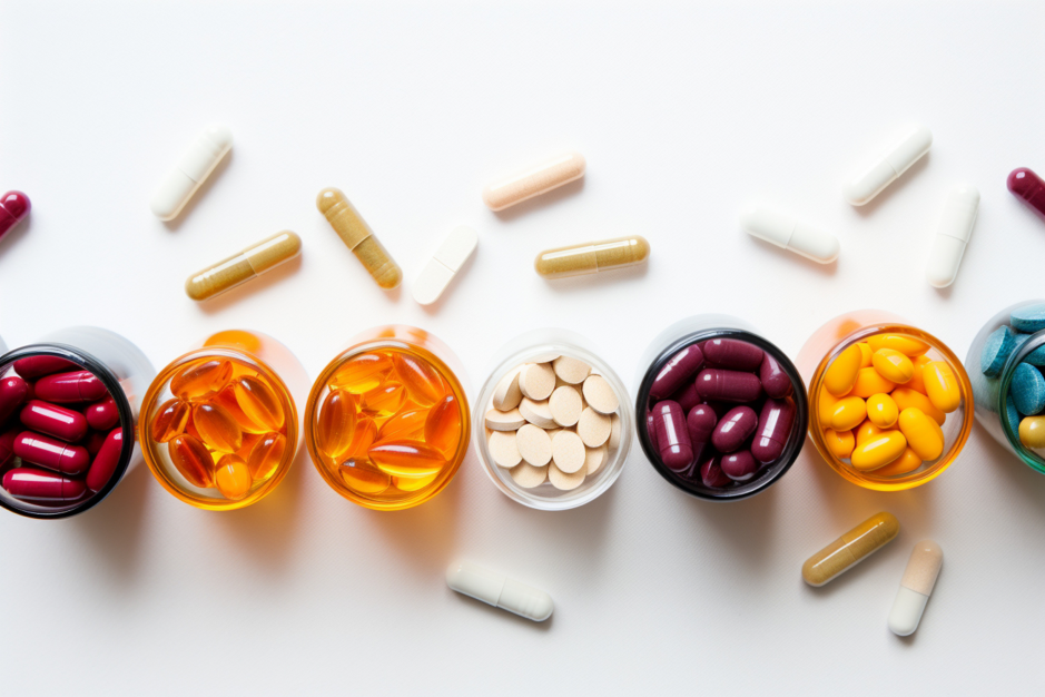 Open containers holding tablets and capsules in several colors are arranged on a white surface, with loose capsules scattered around them.
