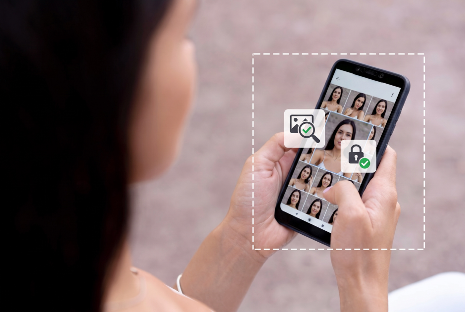 A person viewing portrait photos on a smartphone, with image-check and padlock icons illustrating photo quality review and privacy