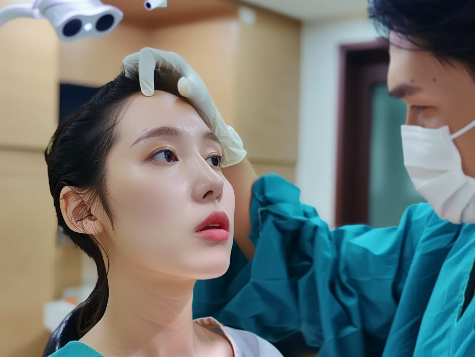 An AI-generated image shows a masked clinician in teal scrubs holding a gloved hand against a seated woman’s forehead while examining her face beneath a medical lamp.
