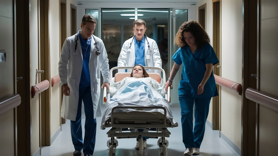 An image shows two people in white coats and a person in blue scrubs moving a woman on a wheeled hospital bed through a corridor.