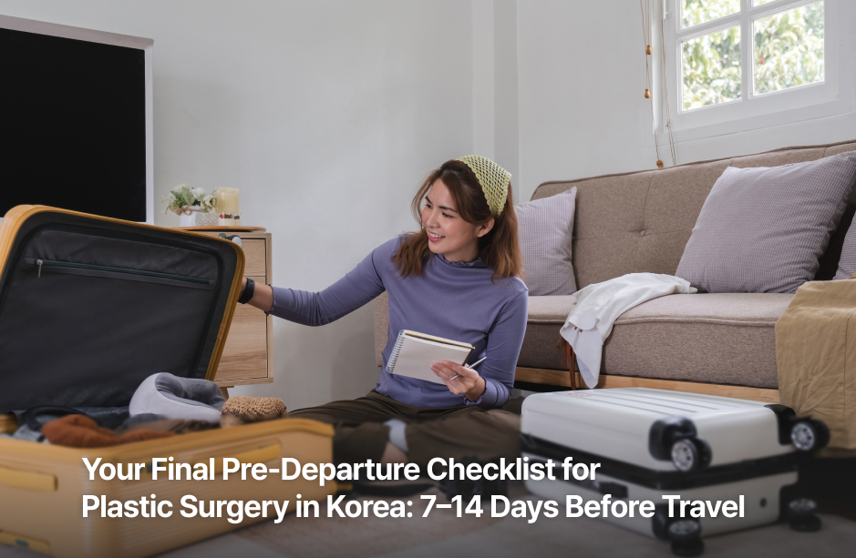 Woman holding a notebook beside open luggage, with a title introducing a final checklist for the 7–14 days before traveling to Korea for plastic surgery.