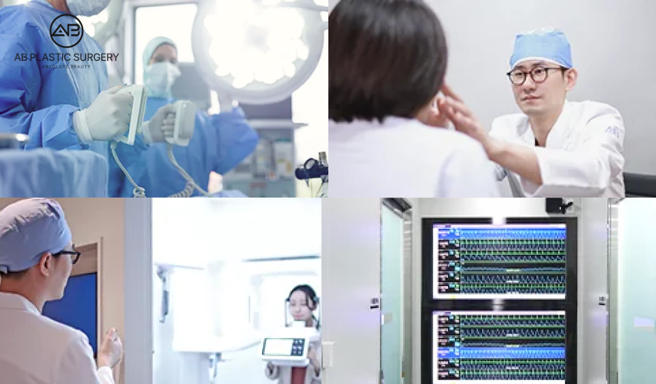 Facelift surgery safety system at AB Plastic Surgery Korea showing surgical care, patient consultation, anesthesia management, and real-time vital sign monitoring