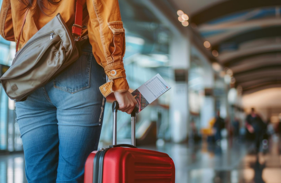 Traveler holding travel documents and a red rolling suitcase in an airport terminal, illustrating the article’s flight and transportation checks before plastic surgery in Korea