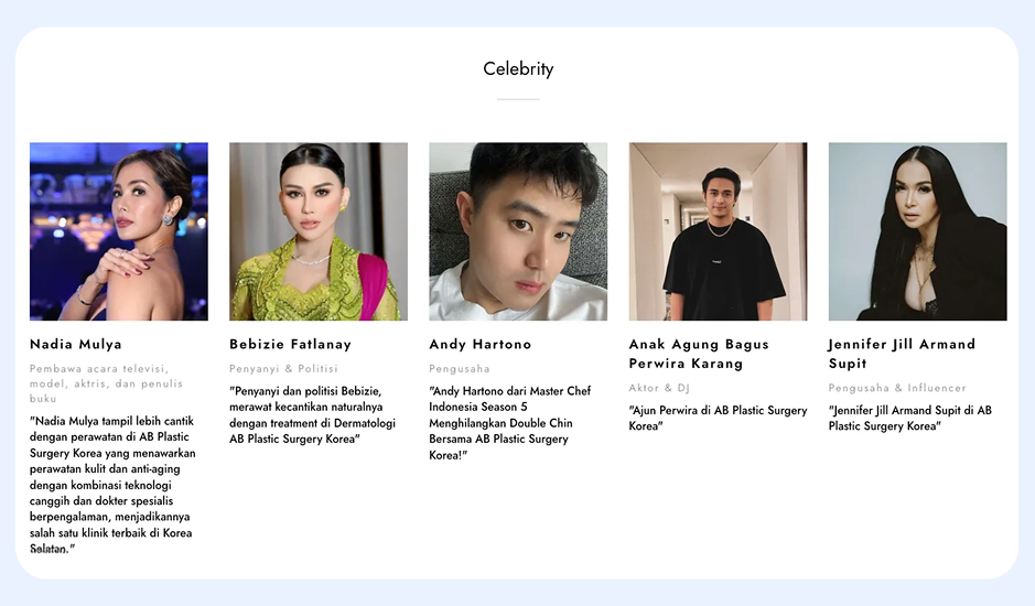 Testimoni Selebriti Internasional yang Menjalani Perawatan di Operasi Plastik AB Korea dengan Sistem Layanan Pasien Global yang Terintegrasi