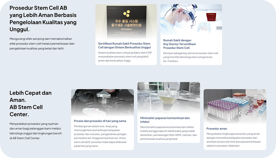 Fasilitas AB Stem Cell Center di Operasi Plastik AB Korea yang Menampilkan Sistem Manajemen Mutu, Sertifikasi, Proses Steril, dan Standar Keamanan Terapi Stem Cell untuk Pasien Internasional