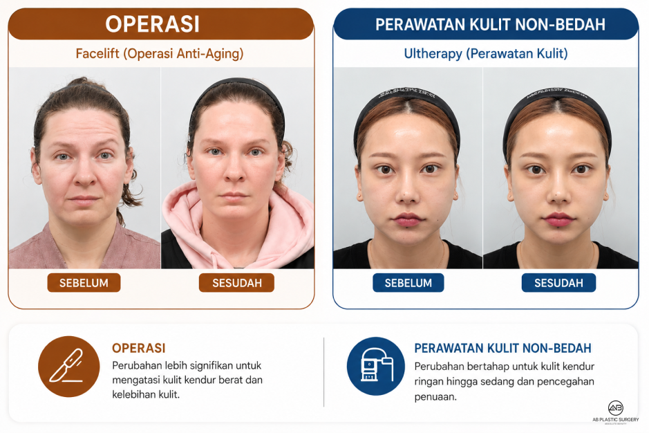 Panduan Visual Perbedaan Facelift vs Ultherapy untuk Memahami Operasi Anti-Aging dan Perawatan Kulit Non-Bedah di Operasi Plastik AB Korea dan ABDermatologi