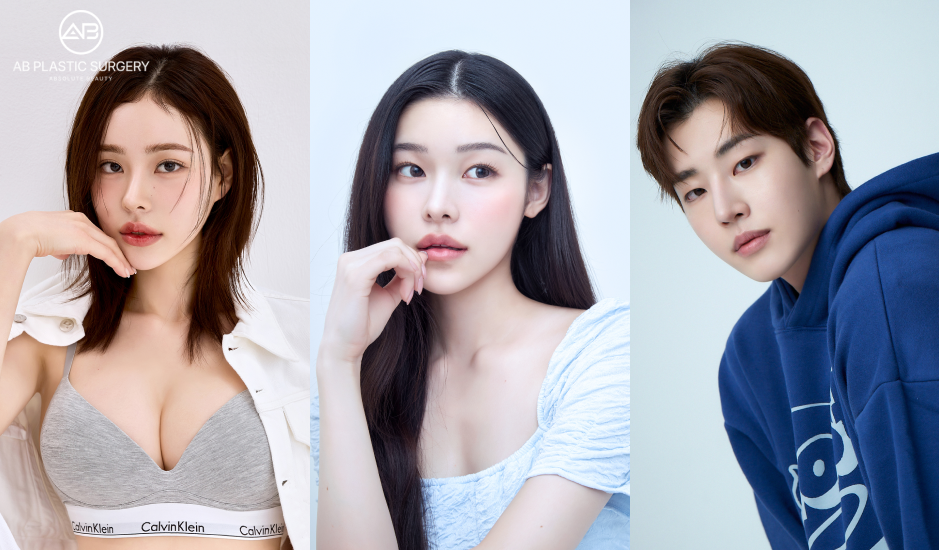 Portraits illustrating diverse Korean beauty trends for women and men, including balanced facial proportions and natural-looking features.
