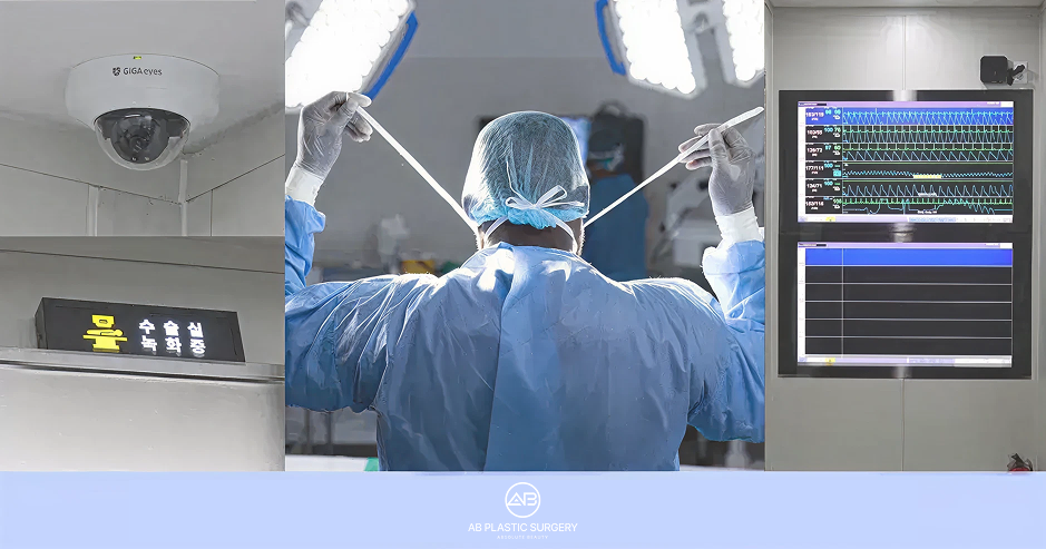 Ruang operasi Operasi Plastik AB Korea dengan CCTV, tenaga medis, dan sistem pemantauan kondisi pasien selama operasi.