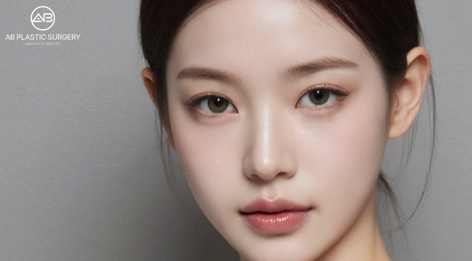 Potret model perempuan dari depan dengan wajah terlihat, latar abu-abu, serta logo AB PLASTIC SURGERY di kiri atas. Gambar bukan perbandingan hasil perawatan.