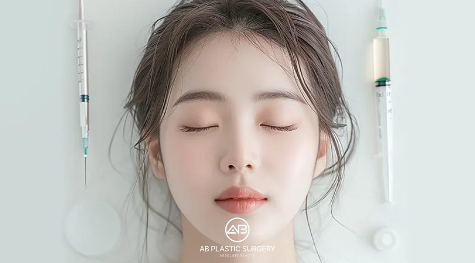 Komposisi foto model perempuan dengan mata tertutup dan dua alat suntik di sisi kiri serta kanan pada latar terang. Gambar ilustratif ini tidak memperlihatkan pemberian suntikan atau hasil sebelum dan setelah perawatan.