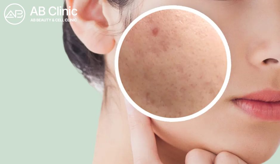 肌のくすみ・毛穴・色素沈着が気になる夏の紫外線ダメージ肌 – スキンケア対策前の状態を拡大表示した女性の頬