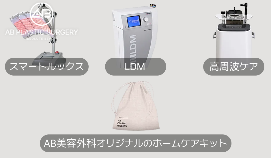 AB美容外科の回復ケア機器一覧。スマートルックス、LDM、高周波ケア、ホームケアキット