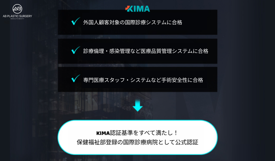 韓国AB美容外科のKIMA国際認証取得。外国人患者向け国際診療システム・医療品質管理・専門医療体制を満たした安全クリニック