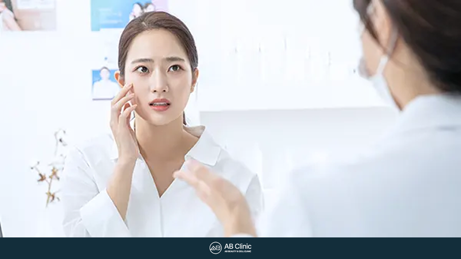 女性が鏡を見ながら指先を頬に当て、肌を確認しているイメージ写真。