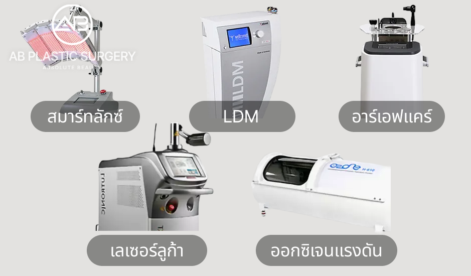 อุปกรณ์ช่วยฟื้นฟูหลังศัลยกรรมที่โรงพยาบาลศัลยกรรม AB ประเทศเกาหลี เช่น ออกซิเจนแรงดัน, สมาร์ทลักซ์, เลเซอร์ลูค้า