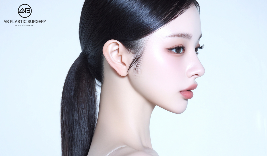 ภาพโปรไฟล์ด้านข้างของผู้หญิงที่ผ่านการศัลยกรรมคางถอยแบบเกาหลี ช่วยแก้ปัญหาคางสั้น กรอบหน้าไม่ชัด ให้โครงหน้าสมดุลและเสริมความมั่นใจ โรงพยาบาลศัลยกรรมAB