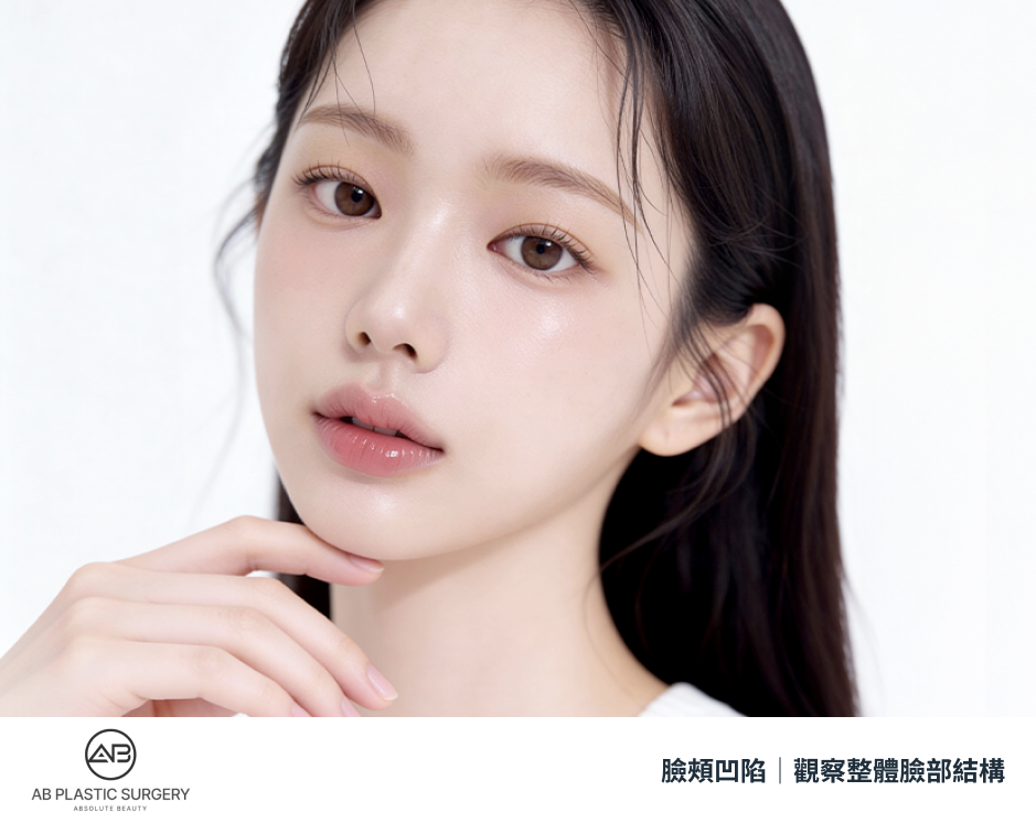 女性模特兒以斜角面向鏡頭，手指輕放在下巴旁，畫面呈現臉頰、顴骨與下顎線；這是主題示意照片，並非術前術後對照。