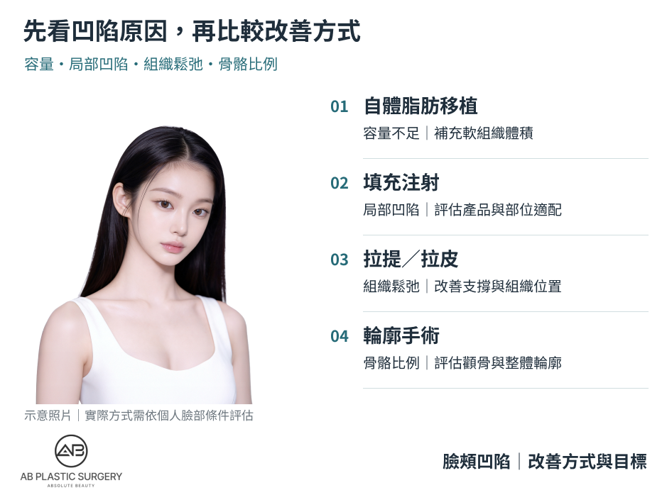 左側為女性模特兒的臉部斜角肖像，右側依序列出自體脂肪移植、填充注射、拉提／拉皮與輪廓手術，並對應容量不足、局部凹陷、組織鬆弛及骨骼比例等評估方向；照片為主題示意，並非治療結果。