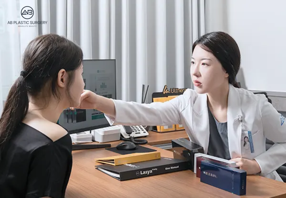 診間內，穿白袍的女性醫療人員面向一名女性，伸手指向她的臉頰，桌上擺有文件與產品盒。左上方有AB整形外科標誌，畫面為面對面諮詢，未呈現返台追蹤或注射結果。